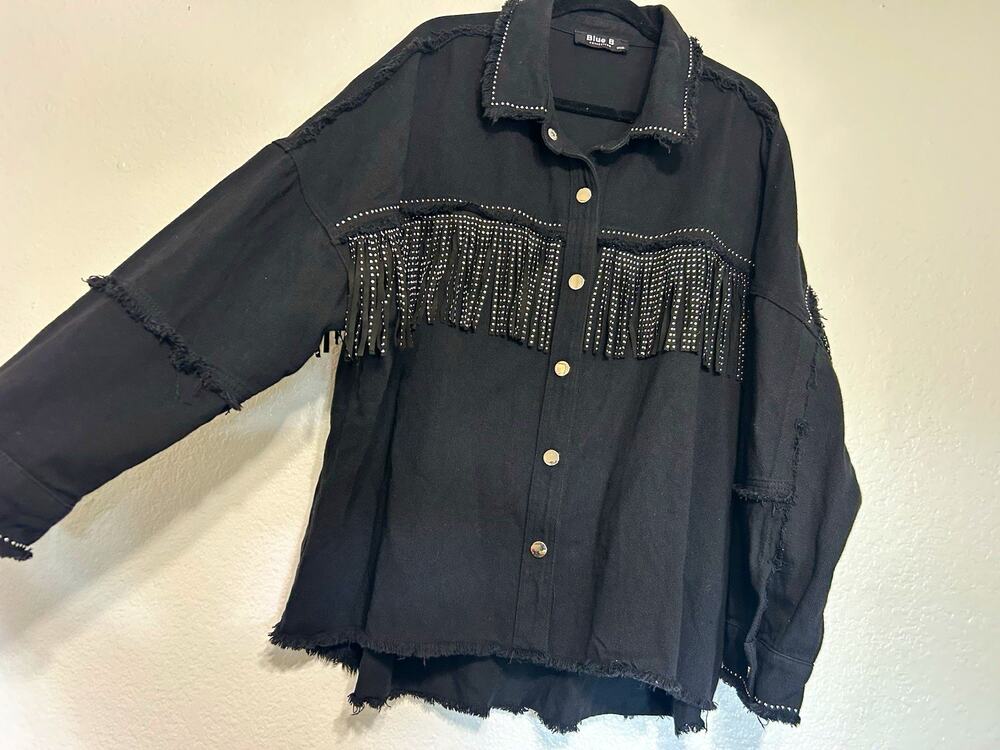 Blue B Black Western Fringe Rhinestone Denim Button-Up Shirt Long Sleeve 3XL